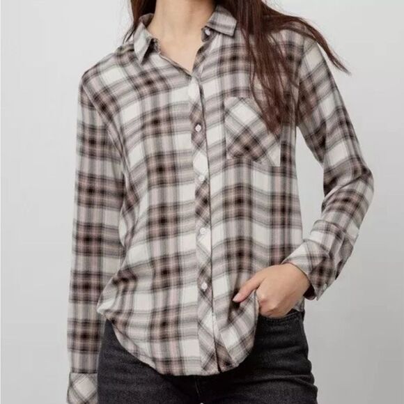 Rails Hunter Size Small Button-Down Ivory Coal Blush Plaid Long Sleeve Shirt - Picture 1 of 12